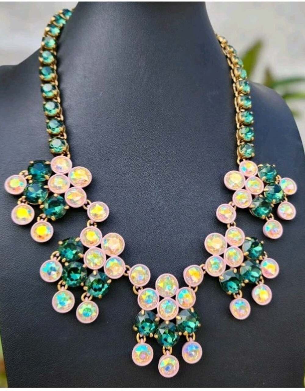 J Crew Brulee Chandelier Necklace Green Pink Ab Crystal Rhinestone Enamel